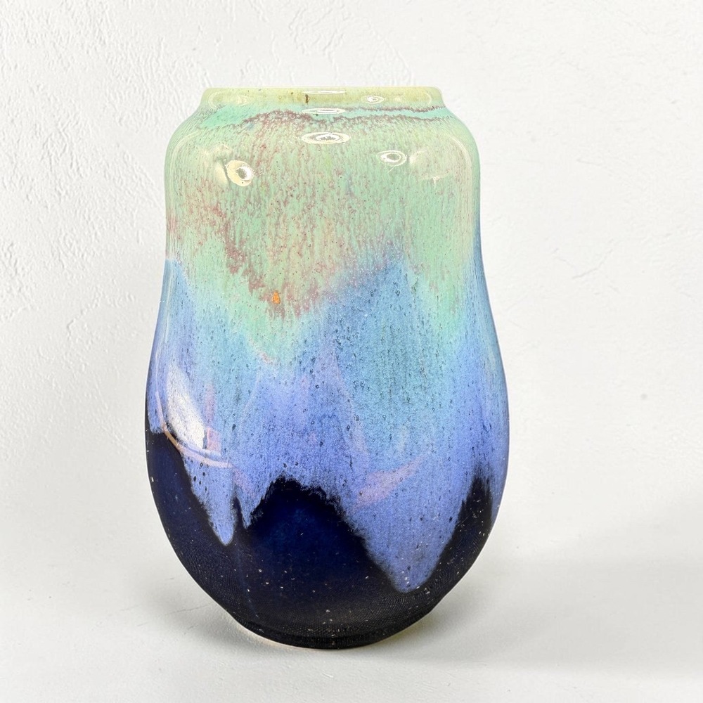 Handmade Studio Pottery Drip Glaze Vase Blue Green Seafoam Stoneware 5.5inch